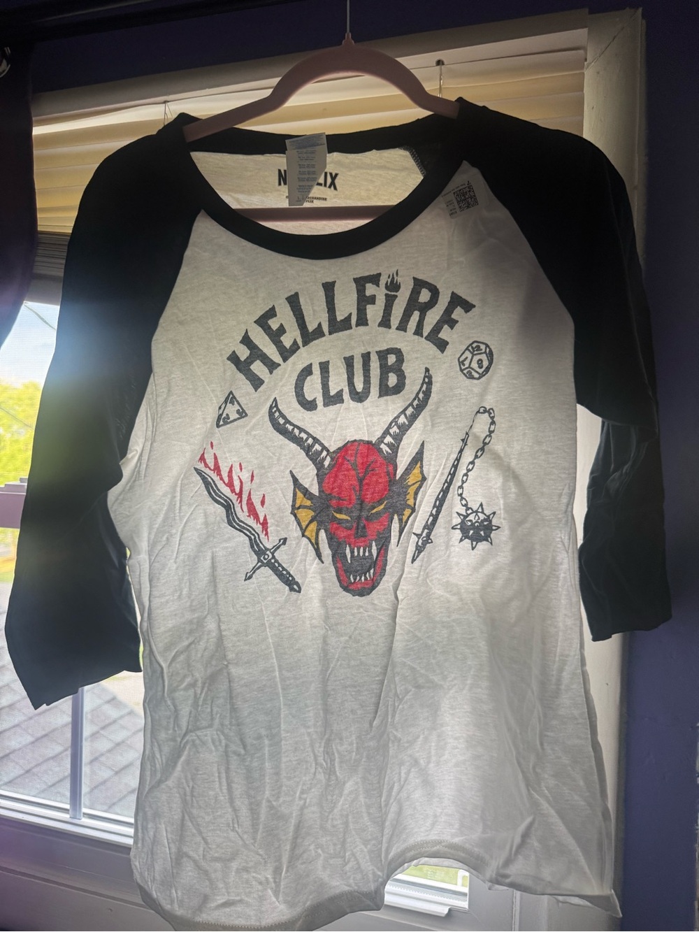 Netflix Hellfire Club Raglan Tee - Black and White with Red Graphic
